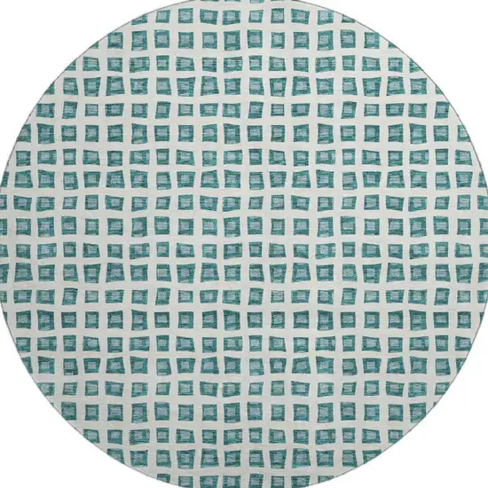 8' Teal And Ivory Geometric Washable Round Rug With UV Protection Photo 4