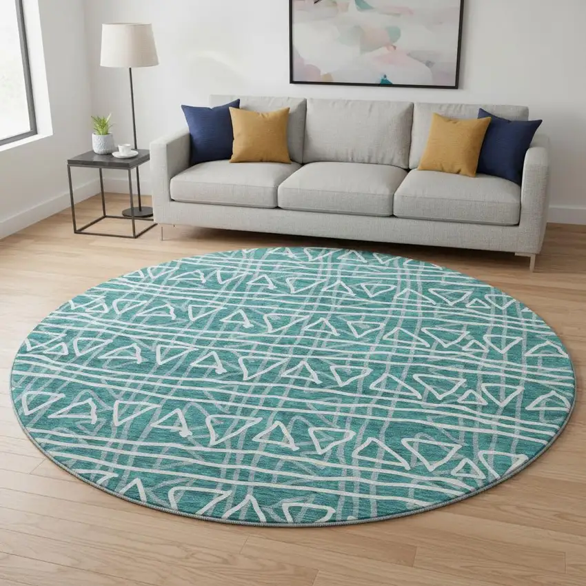 8' Teal And Ivory Geometric Washable Round Rug With UV Protection Photo 2
