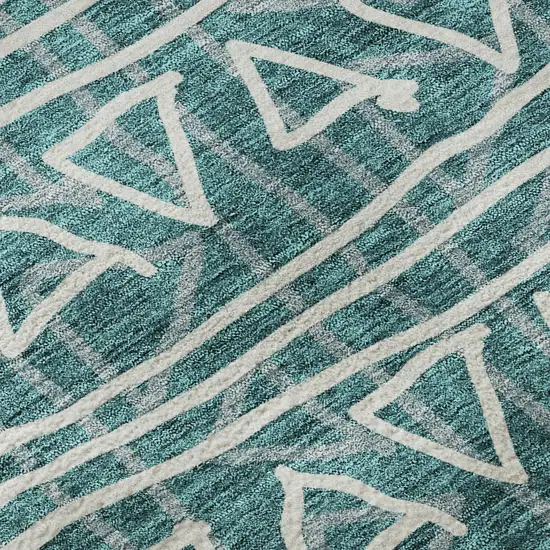 8' Teal And Ivory Geometric Washable Round Rug With UV Protection Photo 8