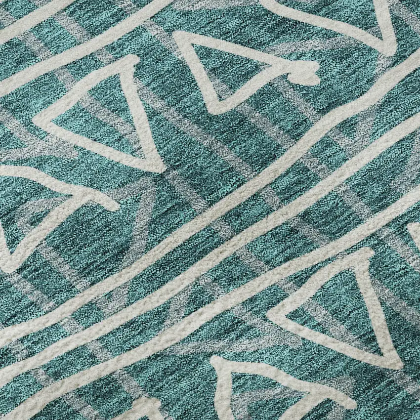 8' Teal And Ivory Geometric Washable Round Rug With UV Protection Photo 8