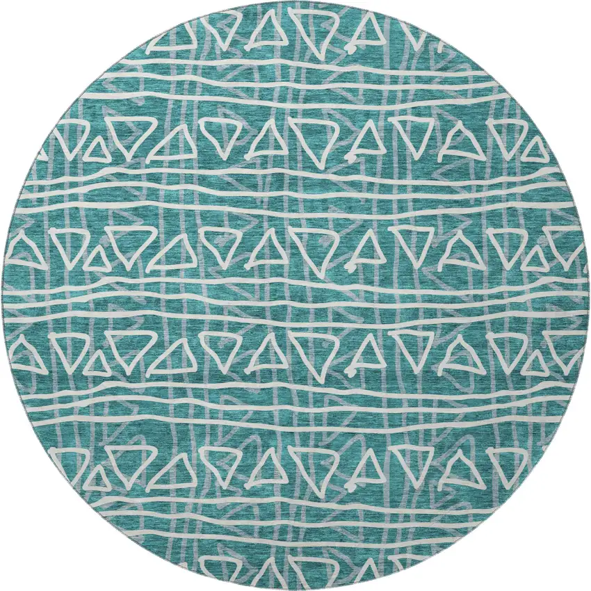 8' Teal And Ivory Geometric Washable Round Rug With UV Protection Photo 3