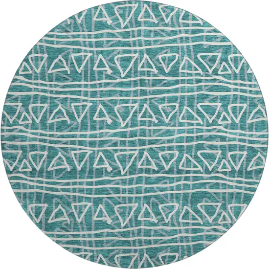 8' Teal And Ivory Geometric Washable Round Rug With UV Protection Photo 1