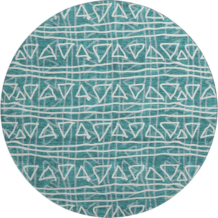 8' Teal And Ivory Geometric Washable Round Rug With UV Protection Photo 1