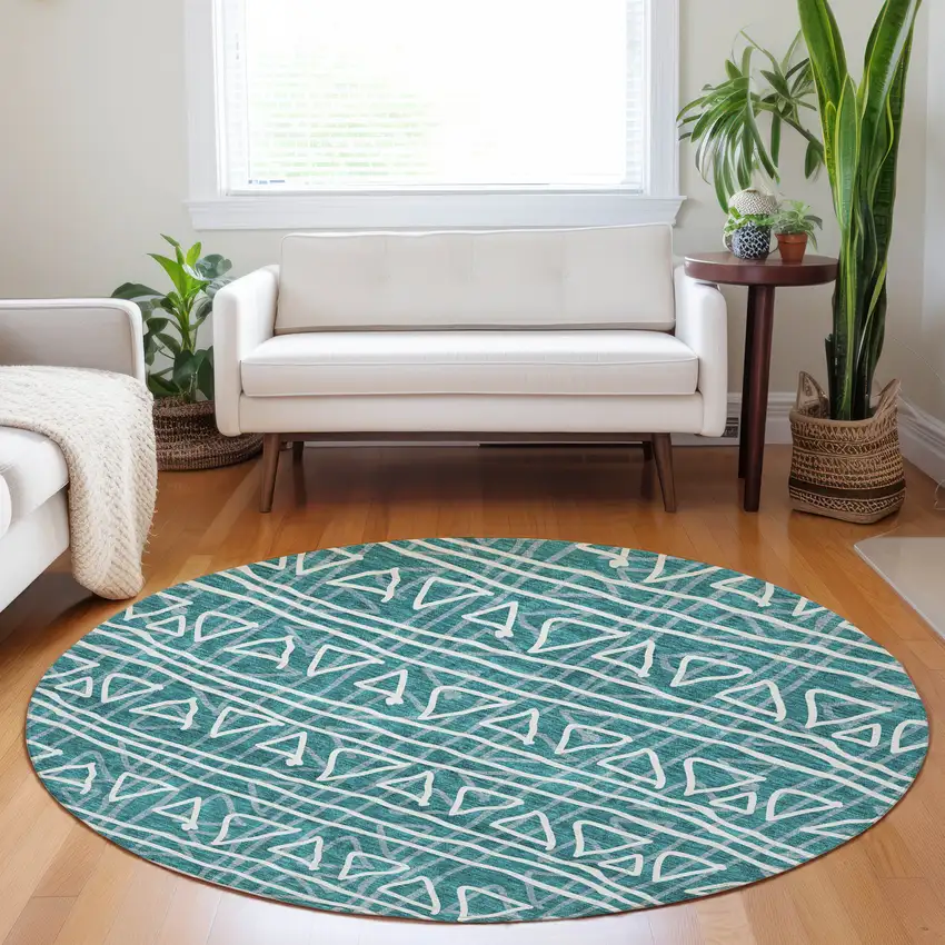 8' Teal And Ivory Geometric Washable Round Rug With UV Protection Photo 4