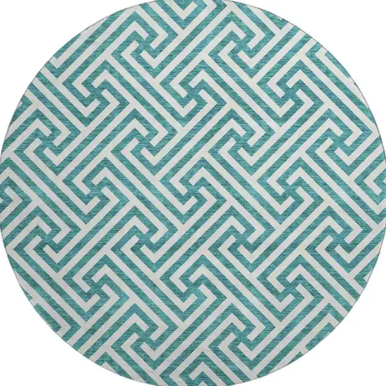 8' Teal And Ivory Geometric Washable Round Rug With UV Protection Photo 4