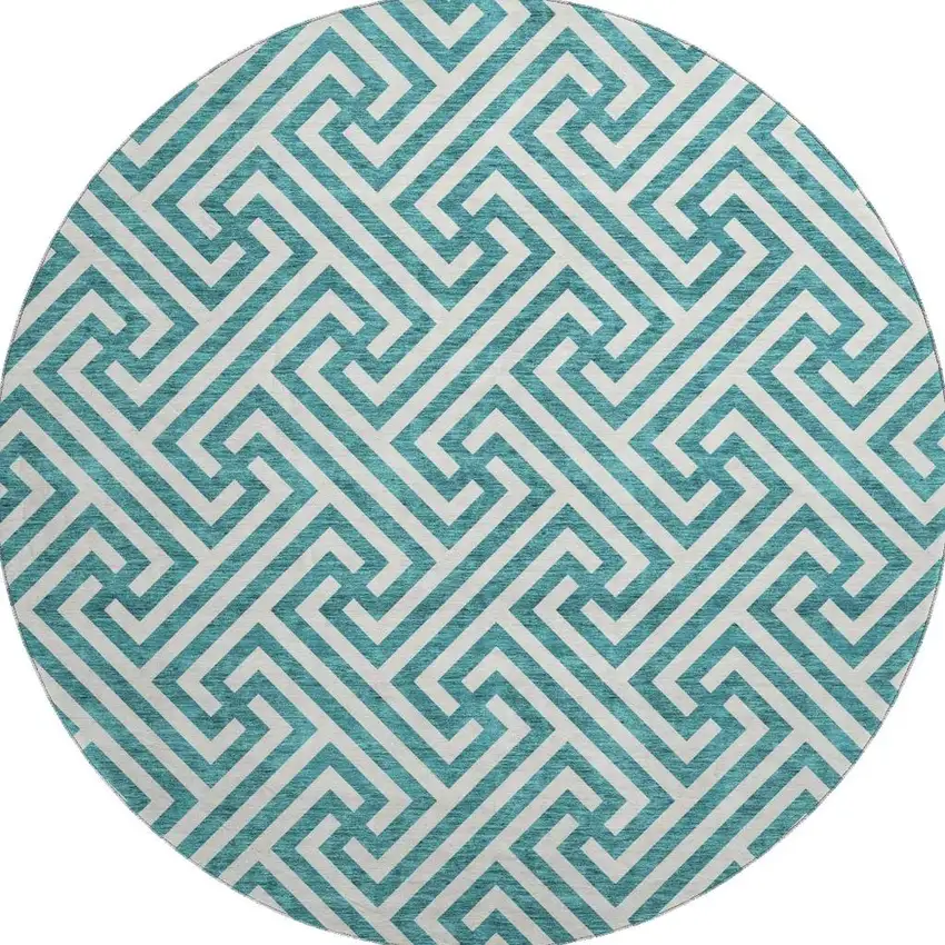 8' Teal And Ivory Geometric Washable Round Rug With UV Protection Photo 4