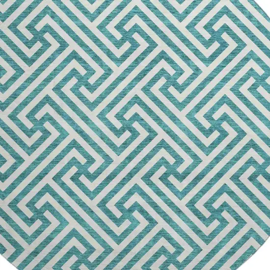 8' Teal And Ivory Geometric Washable Round Rug With UV Protection Photo 3