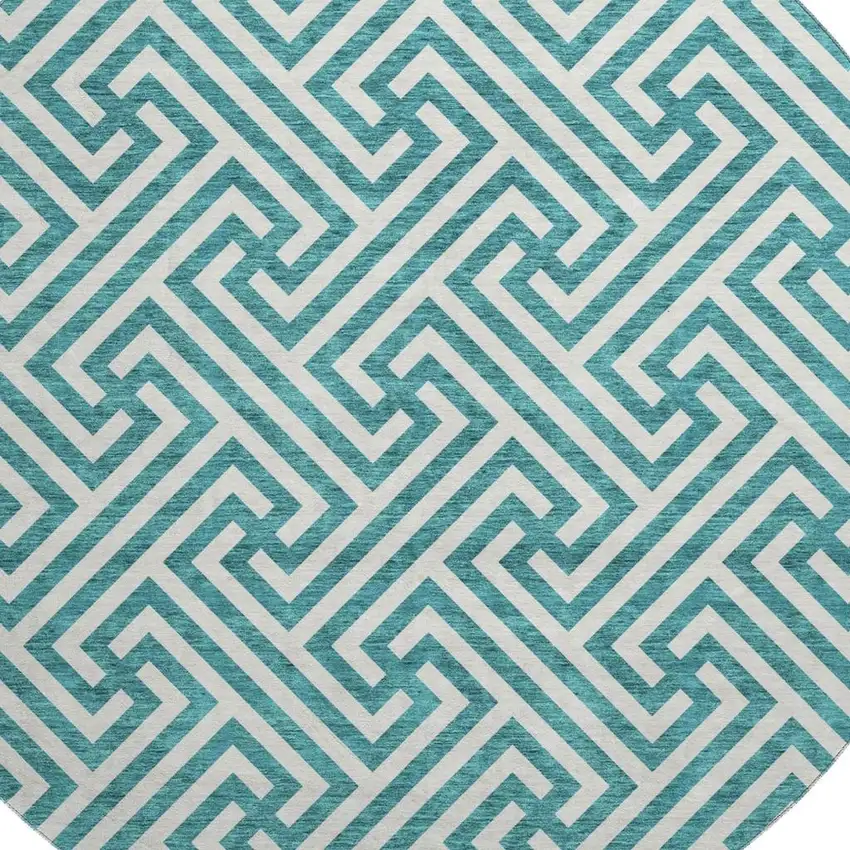 8' Teal And Ivory Geometric Washable Round Rug With UV Protection Photo 3