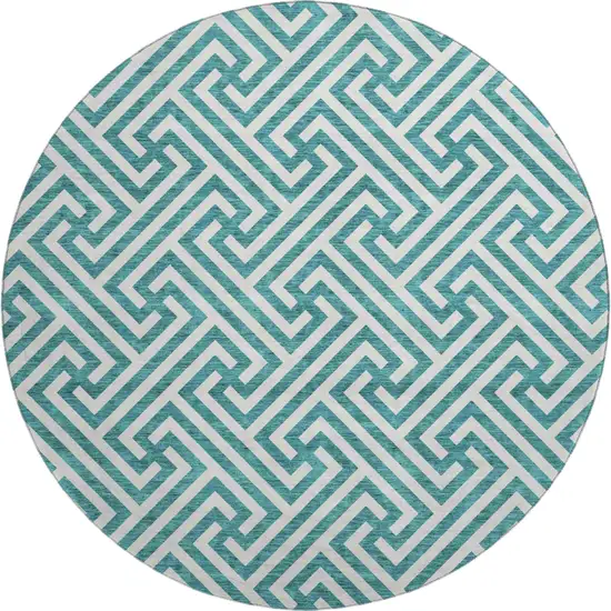 8' Teal And Ivory Geometric Washable Round Rug With UV Protection Photo 1