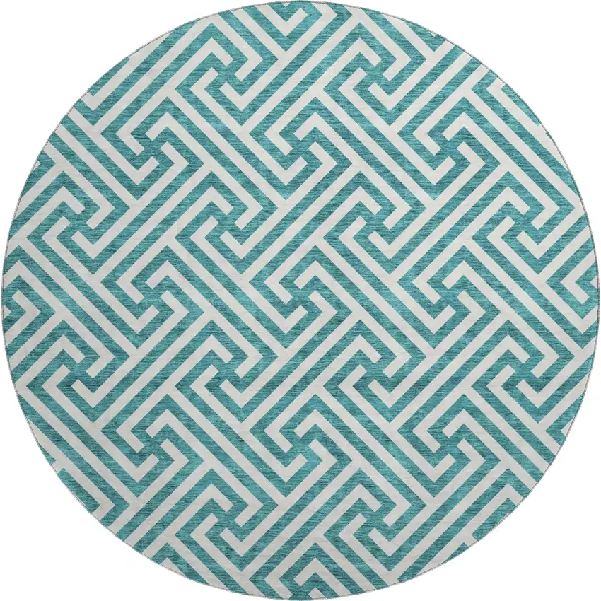 8' Teal And Ivory Geometric Washable Round Rug With UV Protection Photo 1