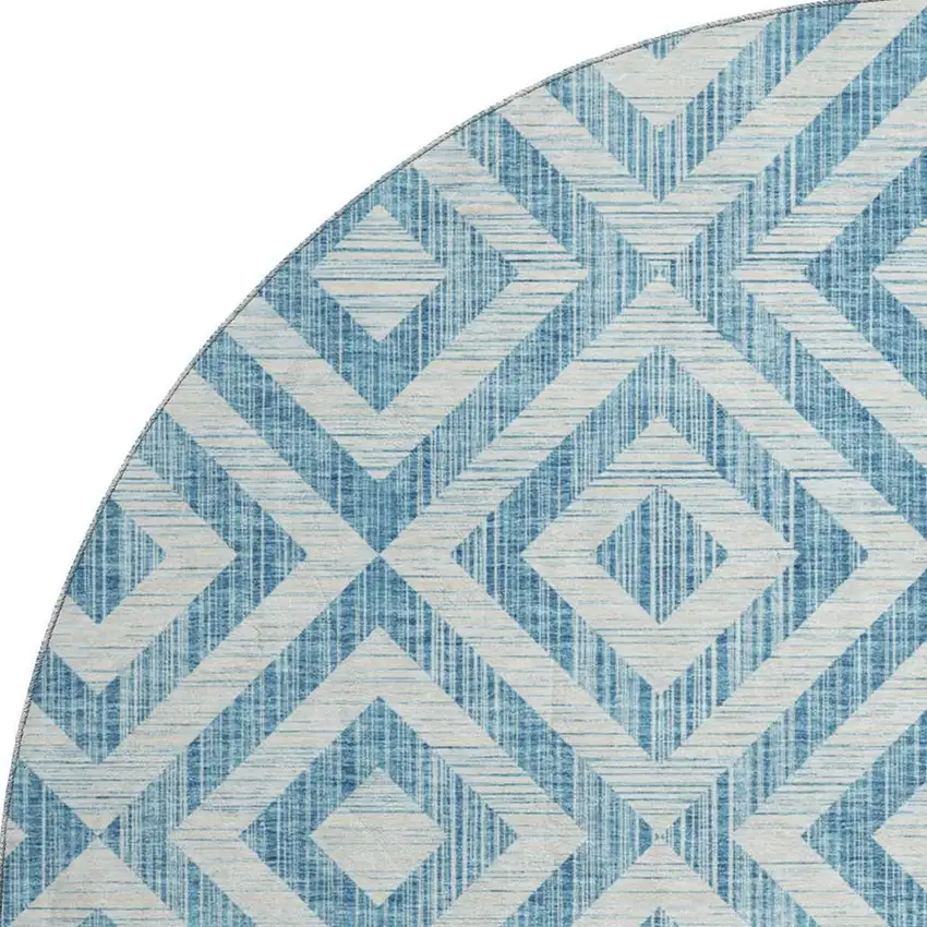 8' Teal And Ivory Geometric Washable Round Rug With UV Protection Photo 3
