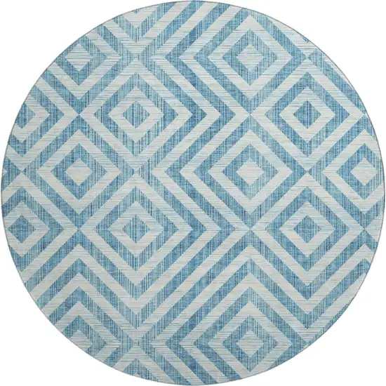 8' Teal And Ivory Geometric Washable Round Rug With UV Protection Photo 1