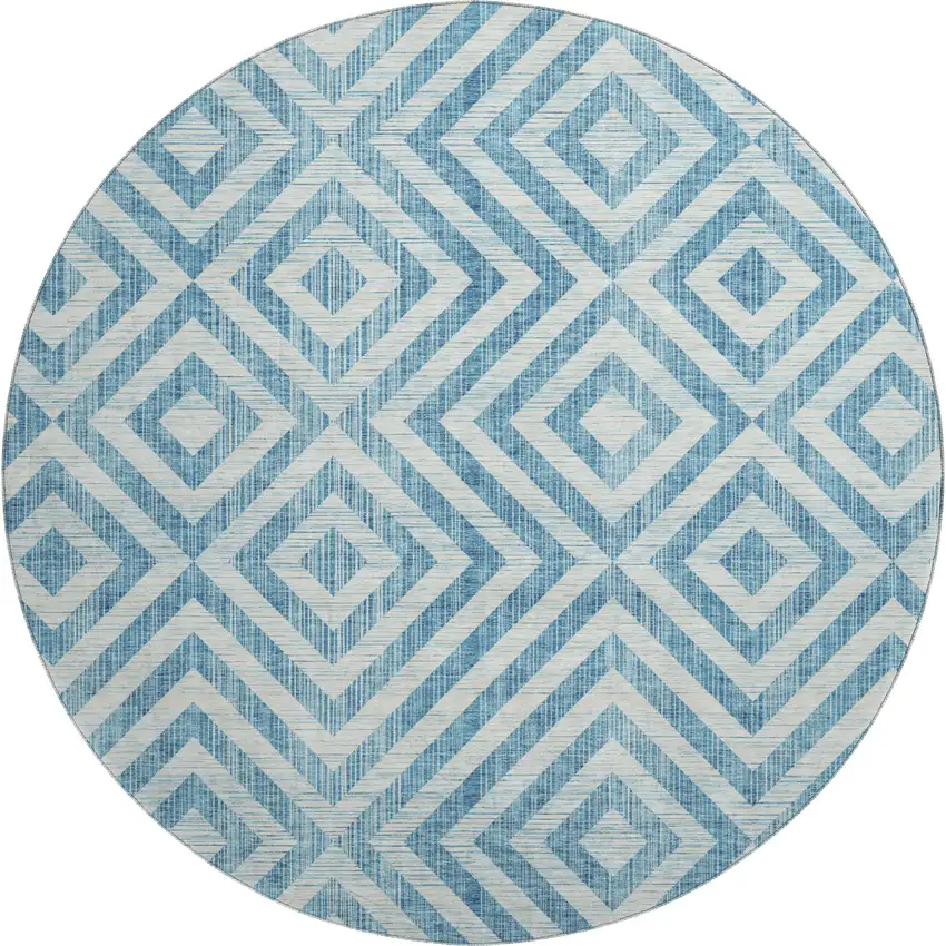 8' Teal And Ivory Geometric Washable Round Rug With UV Protection Photo 1