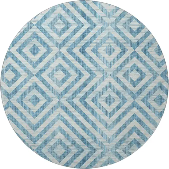 8' Teal And Ivory Geometric Washable Round Rug With UV Protection Photo 4