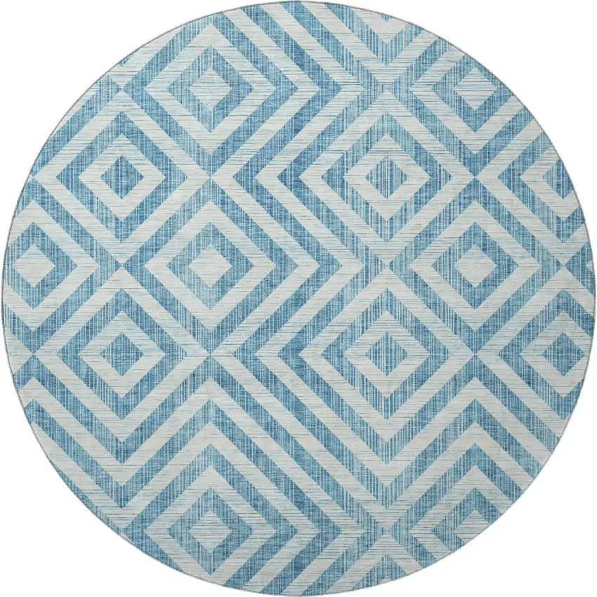 8' Teal And Ivory Geometric Washable Round Rug With UV Protection Photo 4