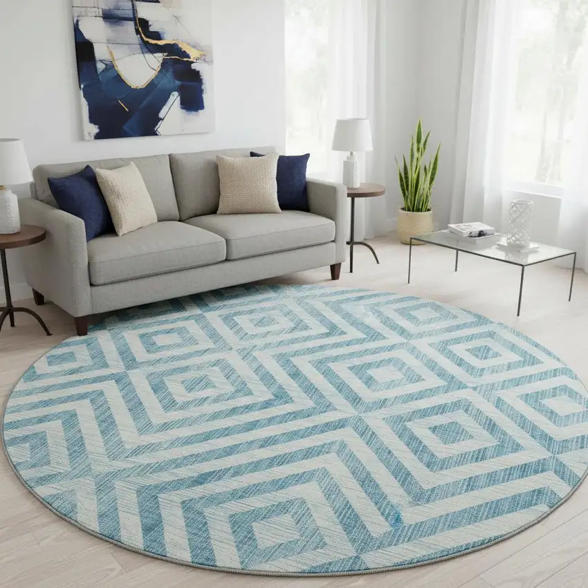 8' Teal And Ivory Geometric Washable Round Rug With UV Protection Photo 2