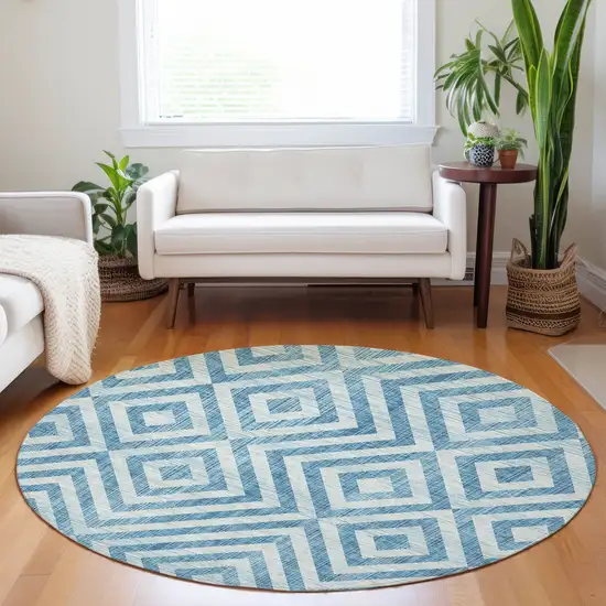 8' Teal And Ivory Geometric Washable Round Rug With UV Protection Photo 5