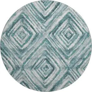 Photo of 8' Teal And Ivory Geometric Washable Round Rug With UV Protection