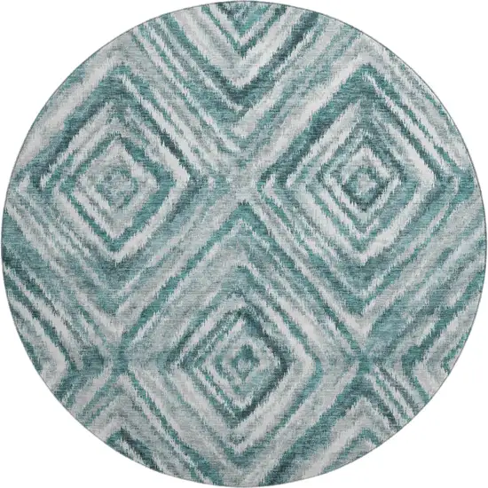 8' Teal And Ivory Geometric Washable Round Rug With UV Protection Photo 1