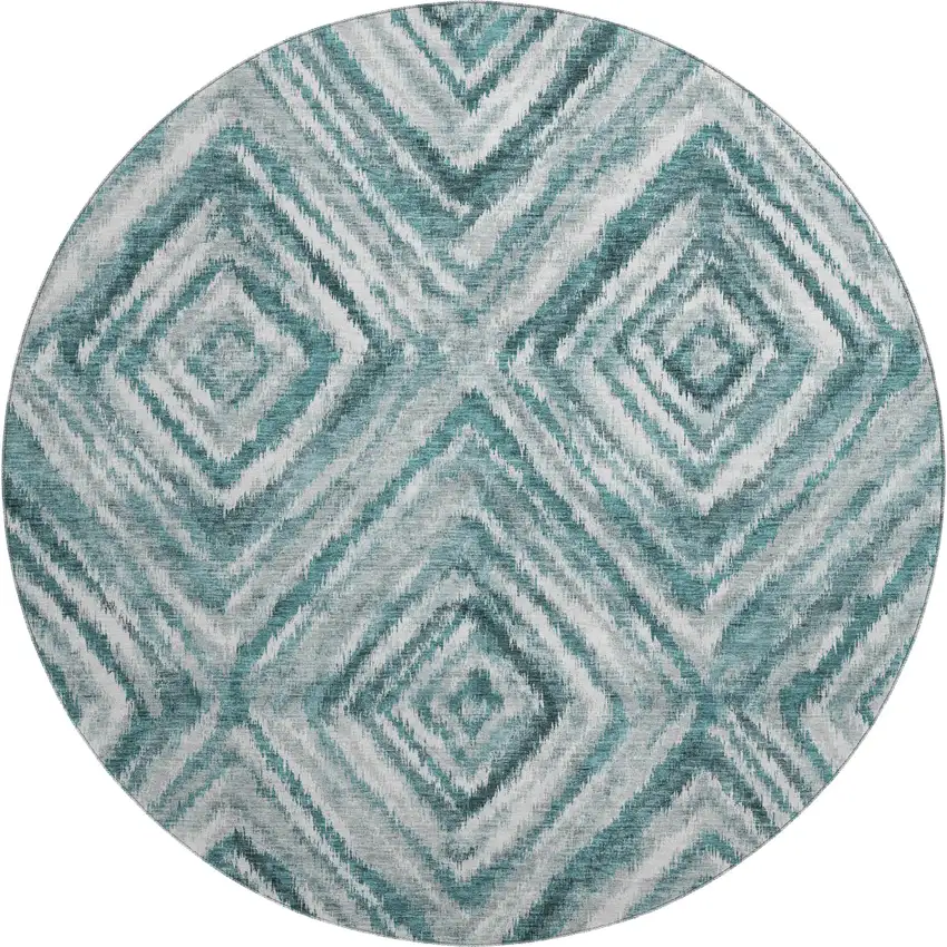 8' Teal And Ivory Geometric Washable Round Rug With UV Protection Photo 1