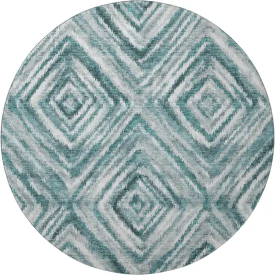 8' Teal And Ivory Geometric Washable Round Rug With UV Protection Photo 4