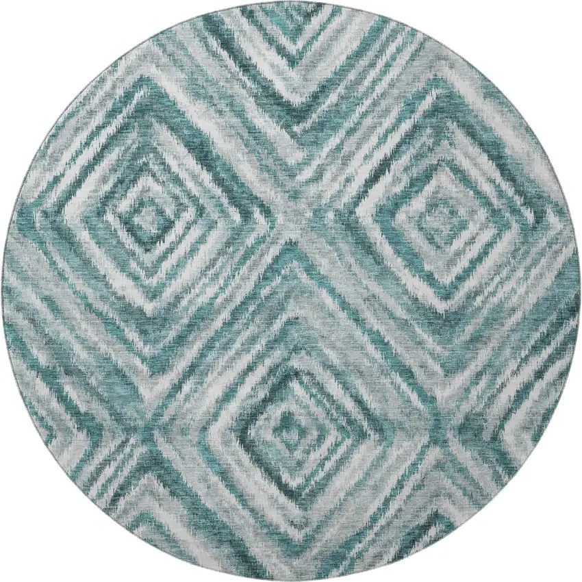8' Teal And Ivory Geometric Washable Round Rug With UV Protection Photo 4