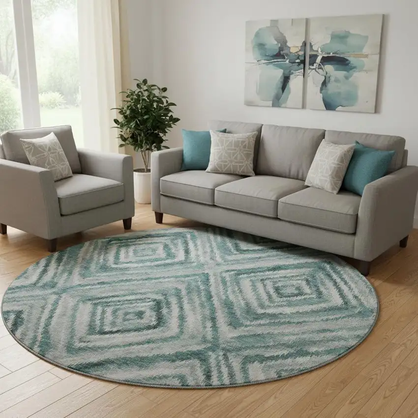 8' Teal And Ivory Geometric Washable Round Rug With UV Protection Photo 1