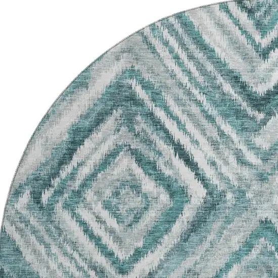 8' Teal And Ivory Geometric Washable Round Rug With UV Protection Photo 3