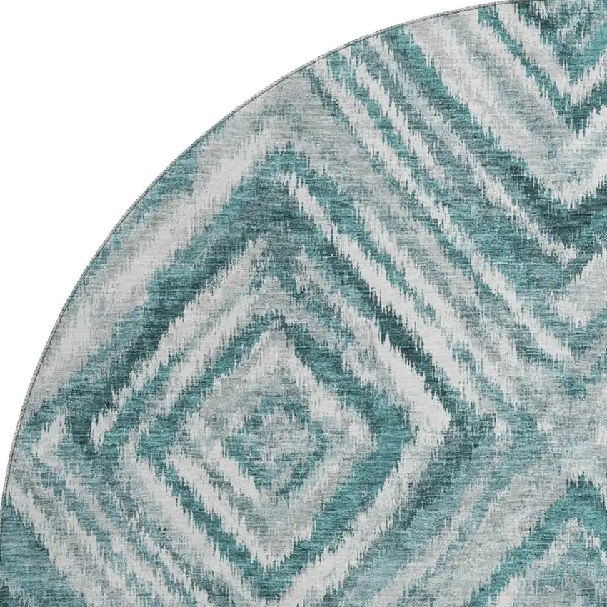 8' Teal And Ivory Geometric Washable Round Rug With UV Protection Photo 3