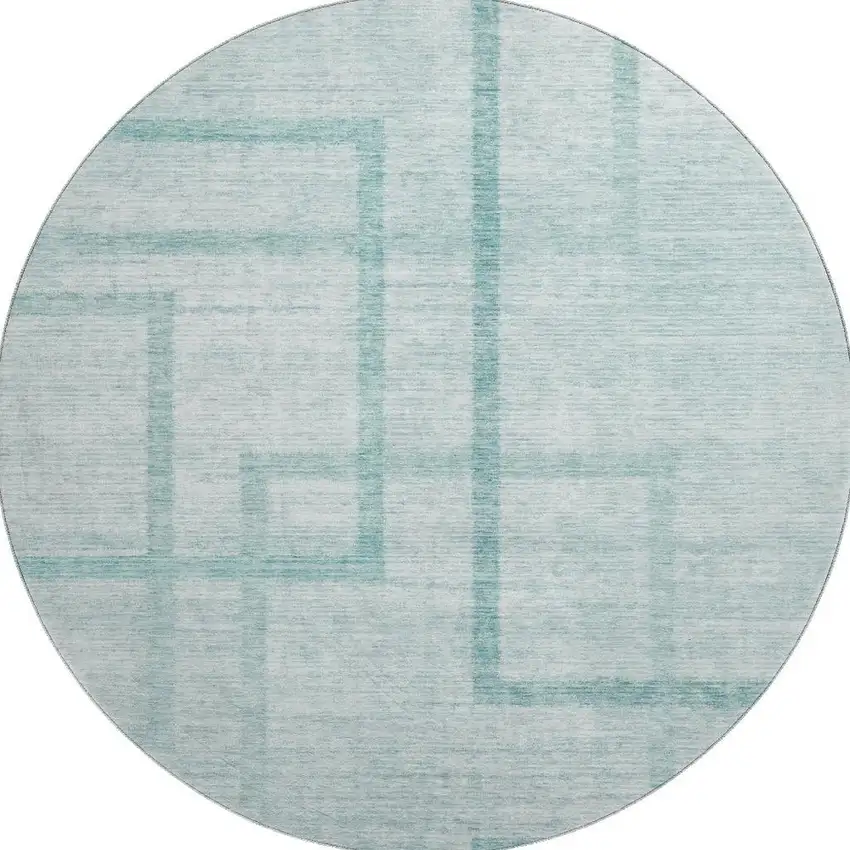 8' Teal And Ivory Geometric Washable Round Rug With UV Protection Photo 4