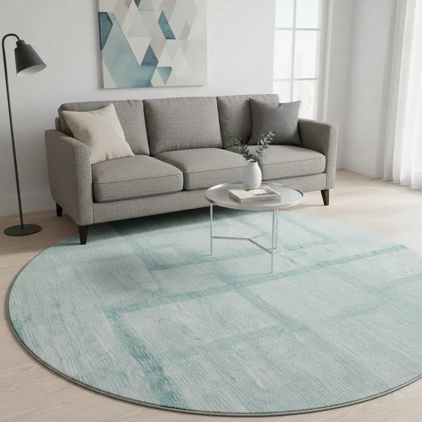 8' Teal And Ivory Geometric Washable Round Rug With UV Protection Photo 2