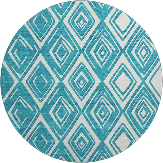 8' Teal And Ivory Geometric Washable Round Rug With UV Protection Photo 2