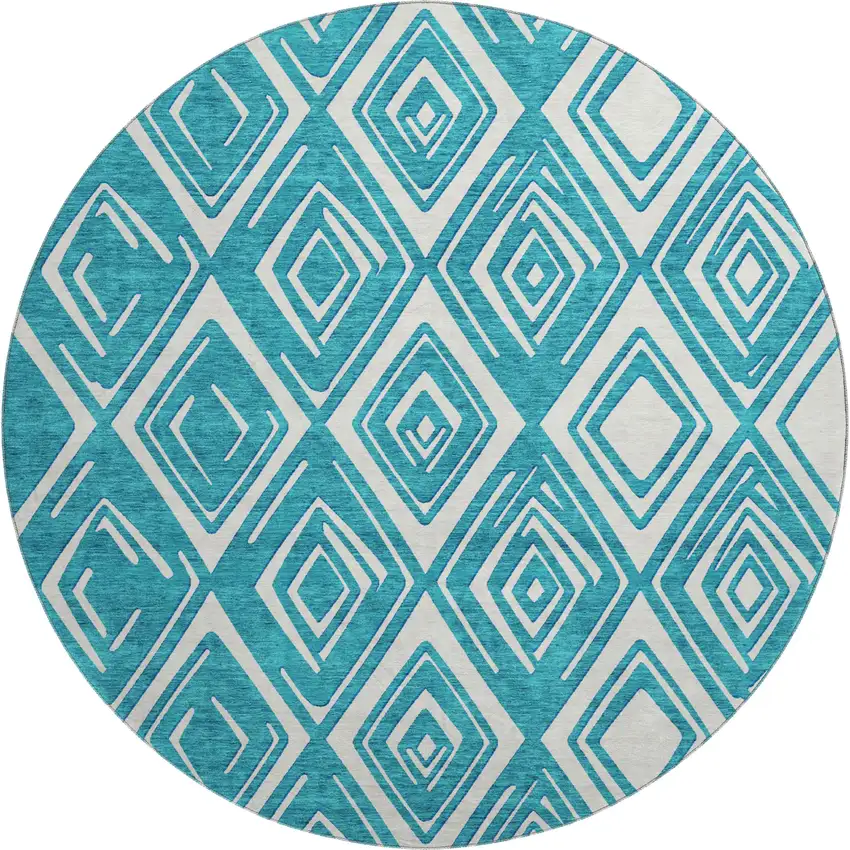 8' Teal And Ivory Geometric Washable Round Rug With UV Protection Photo 2
