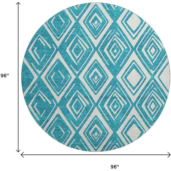 8' Teal And Ivory Geometric Washable Round Rug With UV Protection Photo 3