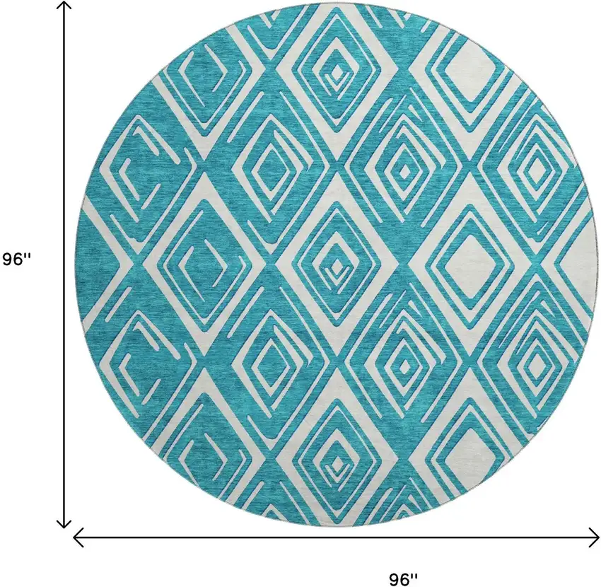 8' Teal And Ivory Geometric Washable Round Rug With UV Protection Photo 3
