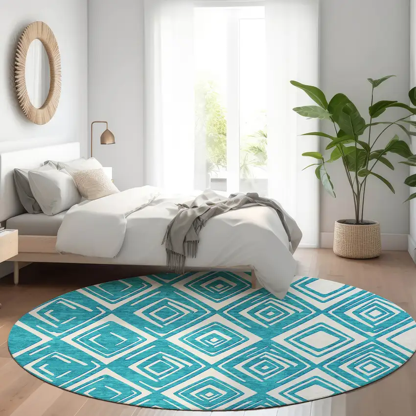 8' Teal And Ivory Geometric Washable Round Rug With UV Protection Photo 6