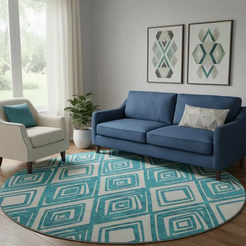 8' Teal And Ivory Geometric Washable Round Rug With UV Protection Photo 1