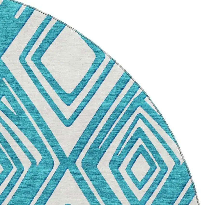 8' Teal And Ivory Geometric Washable Round Rug With UV Protection Photo 5