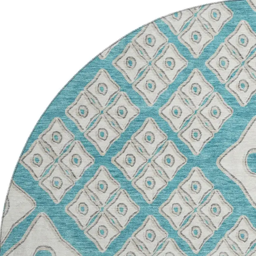 8' Teal And Ivory Geometric Washable Round Rug With UV Protection Photo 5
