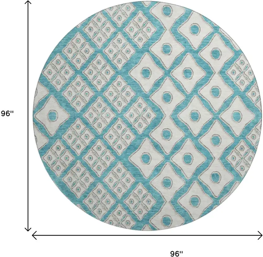 8' Teal And Ivory Geometric Washable Round Rug With UV Protection Photo 3