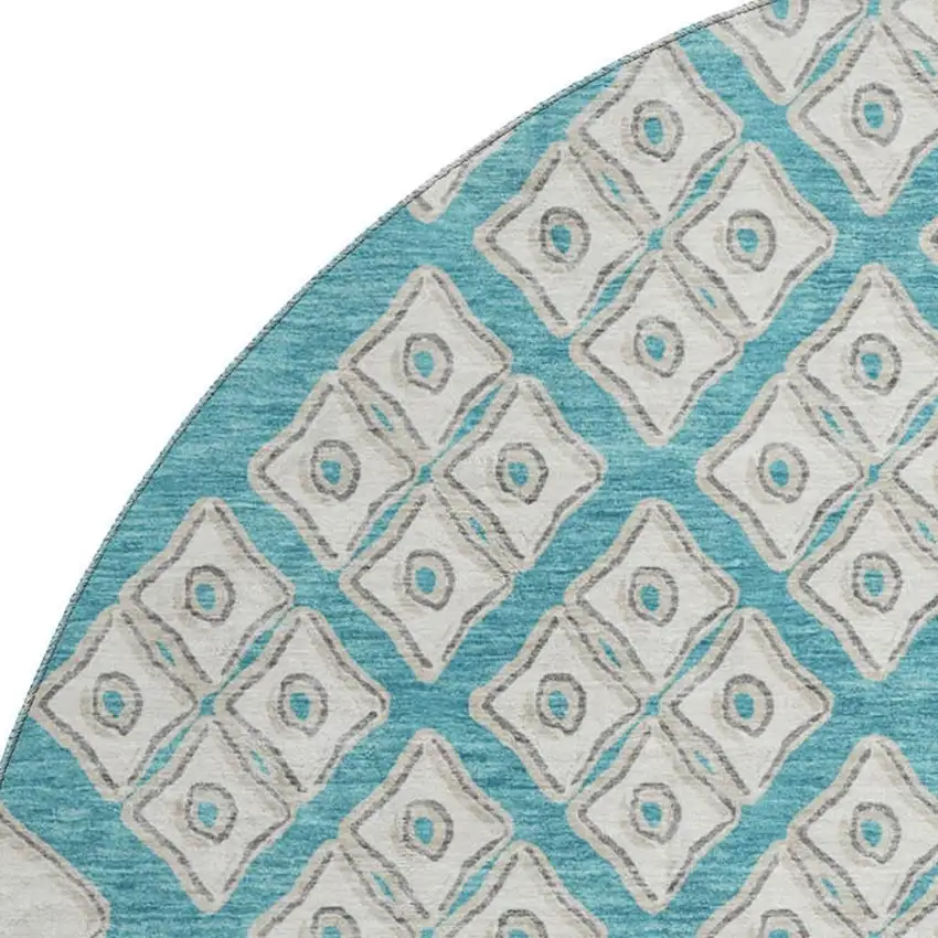 8' Teal And Ivory Geometric Washable Round Rug With UV Protection Photo 4