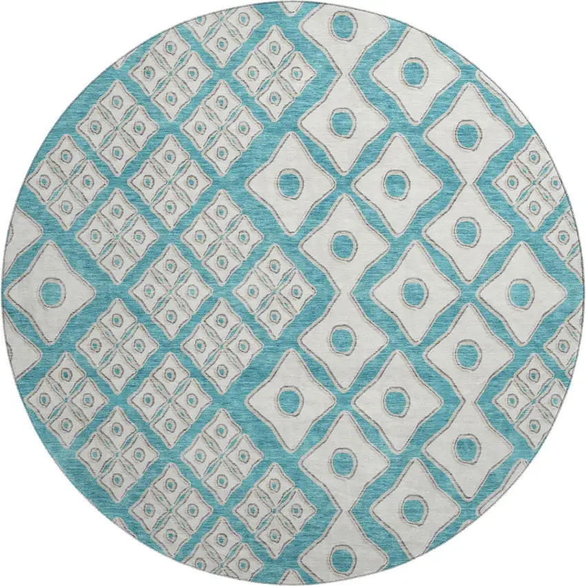 8' Teal And Ivory Geometric Washable Round Rug With UV Protection Photo 2