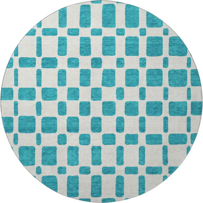 8' Teal And Ivory Geometric Washable Round Rug With UV Protection Photo 4