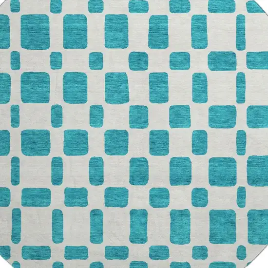 8' Teal And Ivory Geometric Washable Round Rug With UV Protection Photo 3