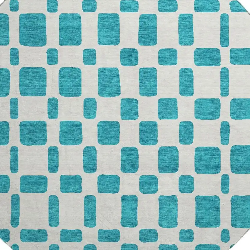 8' Teal And Ivory Geometric Washable Round Rug With UV Protection Photo 3