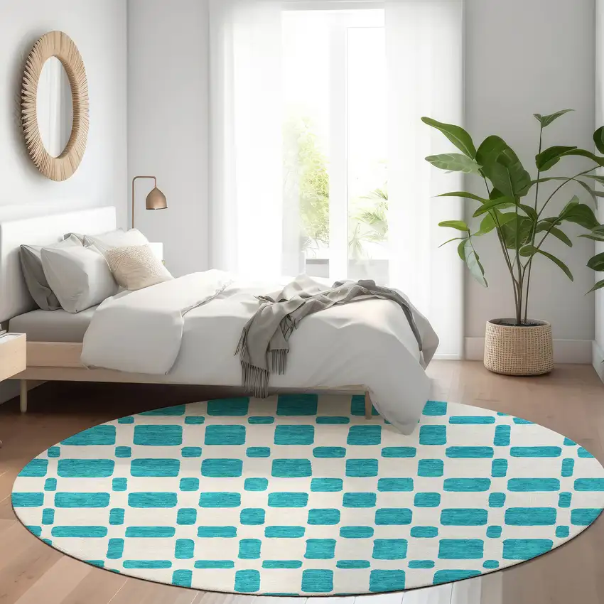 8' Teal And Ivory Geometric Washable Round Rug With UV Protection Photo 5