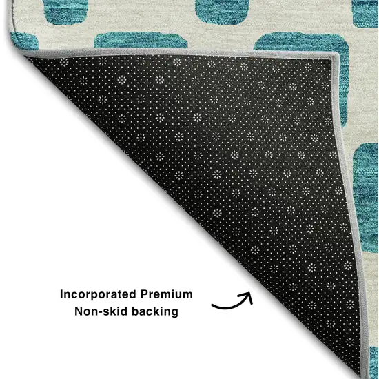 8' Teal And Ivory Geometric Washable Round Rug With UV Protection Photo 6