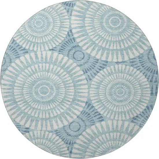 8' Teal And Ivory Geometric Washable Round Rug With UV Protection Photo 3