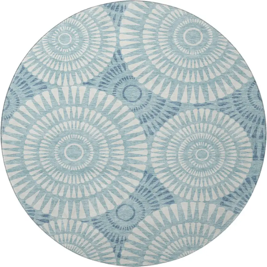 8' Teal And Ivory Geometric Washable Round Rug With UV Protection Photo 3