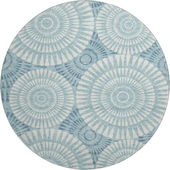 8' Teal And Ivory Geometric Washable Round Rug With UV Protection Photo 1